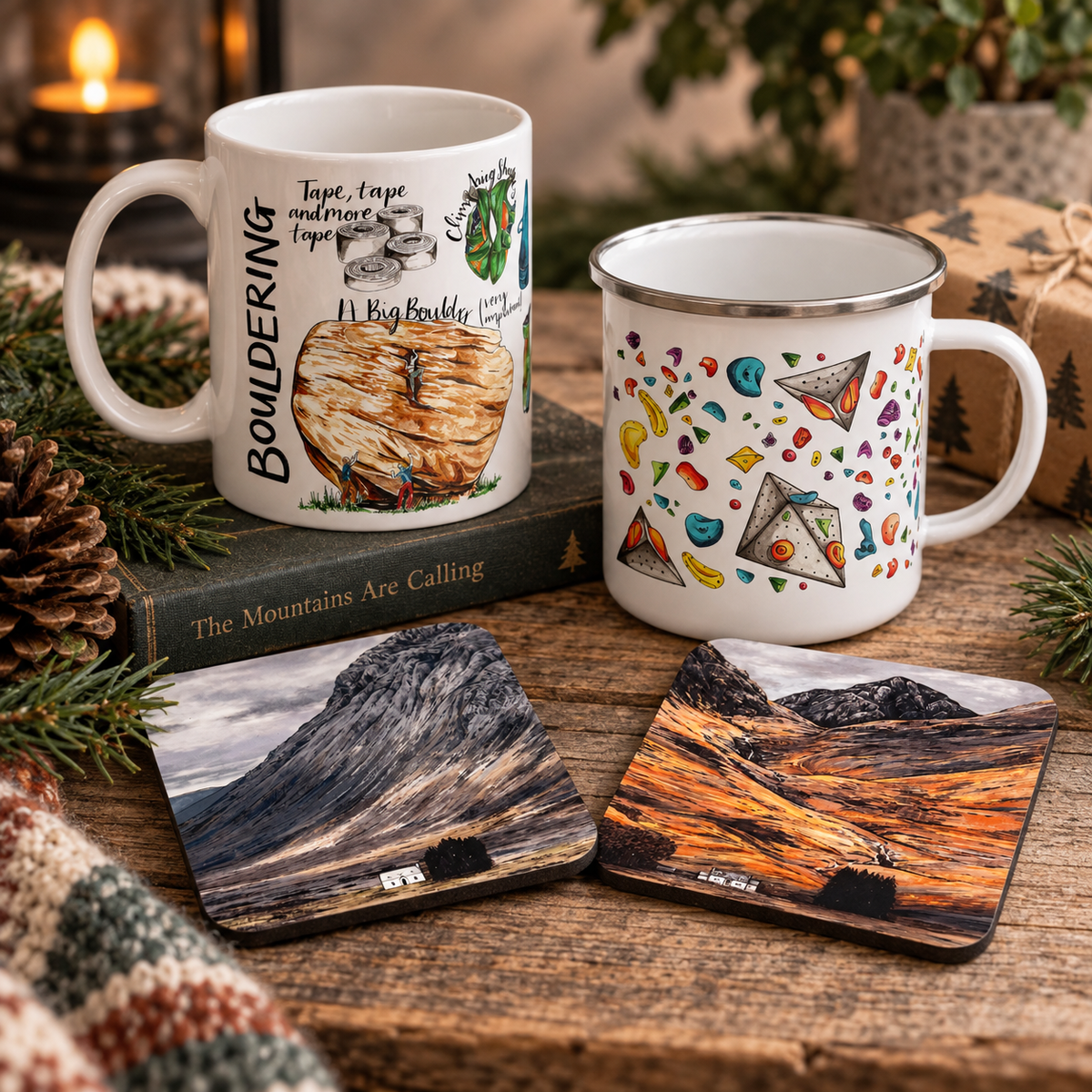 Christmas gifts under £20 for outdoor lovers, including climbing mugs and Scottish mountain coasters