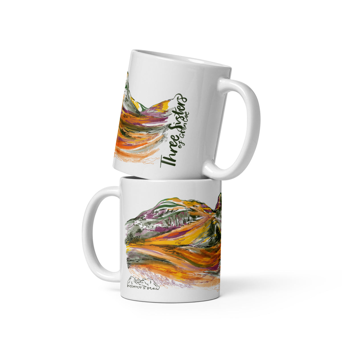 Three Sisters of Glencoe ceramic mug with colourful wraparound mountain artwork