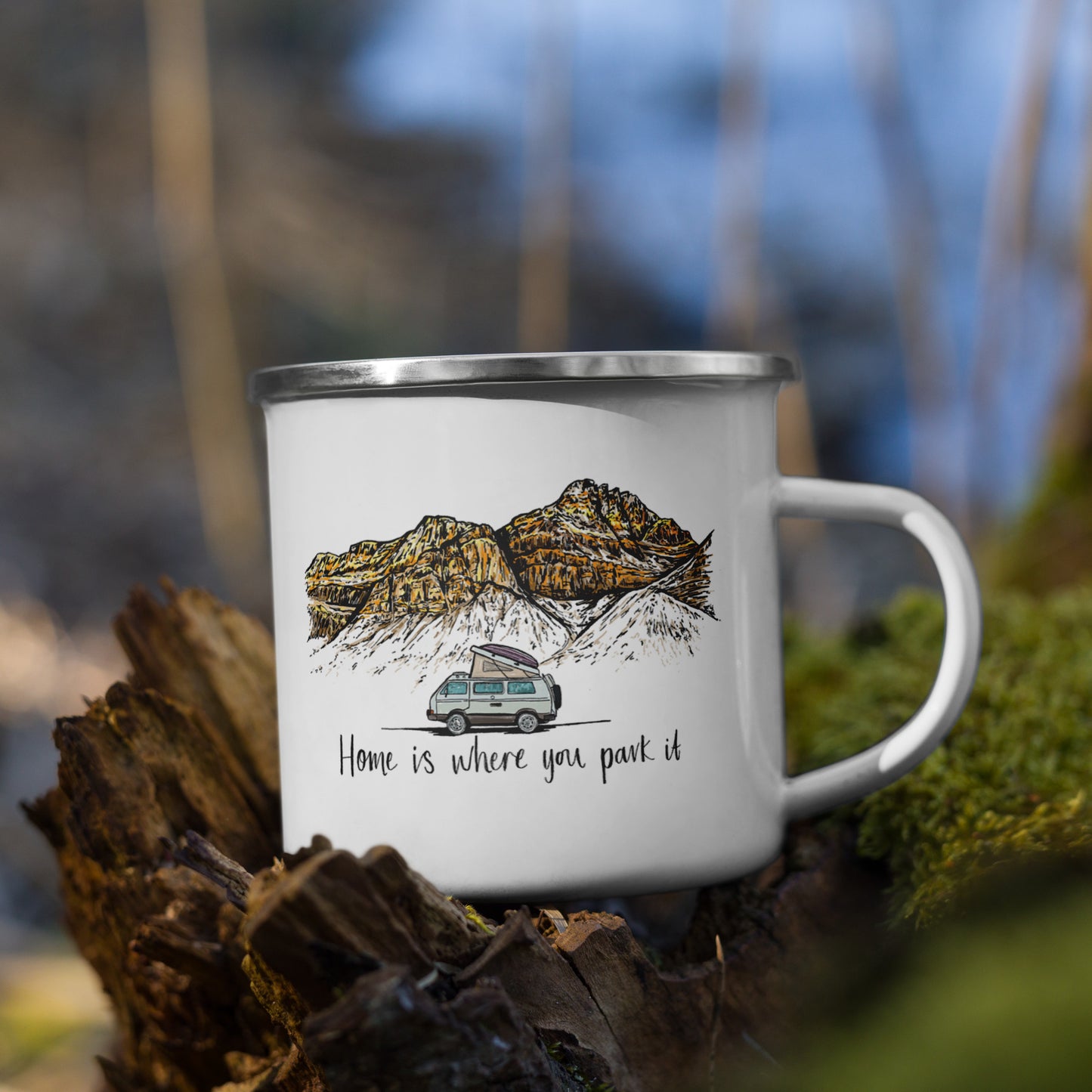 'Home Is Where You Park It' Enamel Camping Mug