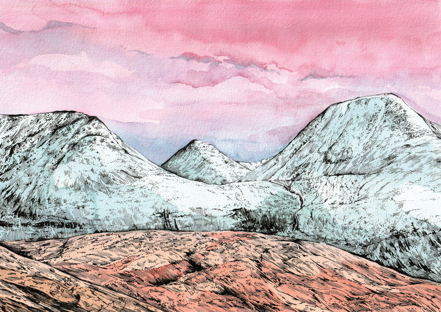 Original Wintery Mamores at Dawn Watercolour Painting