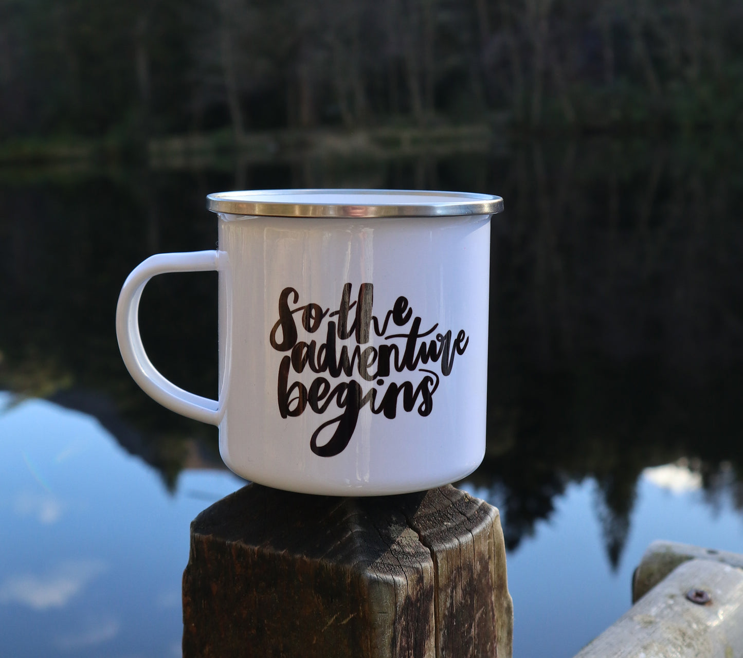 'Adventure Begins' Enamel Mug