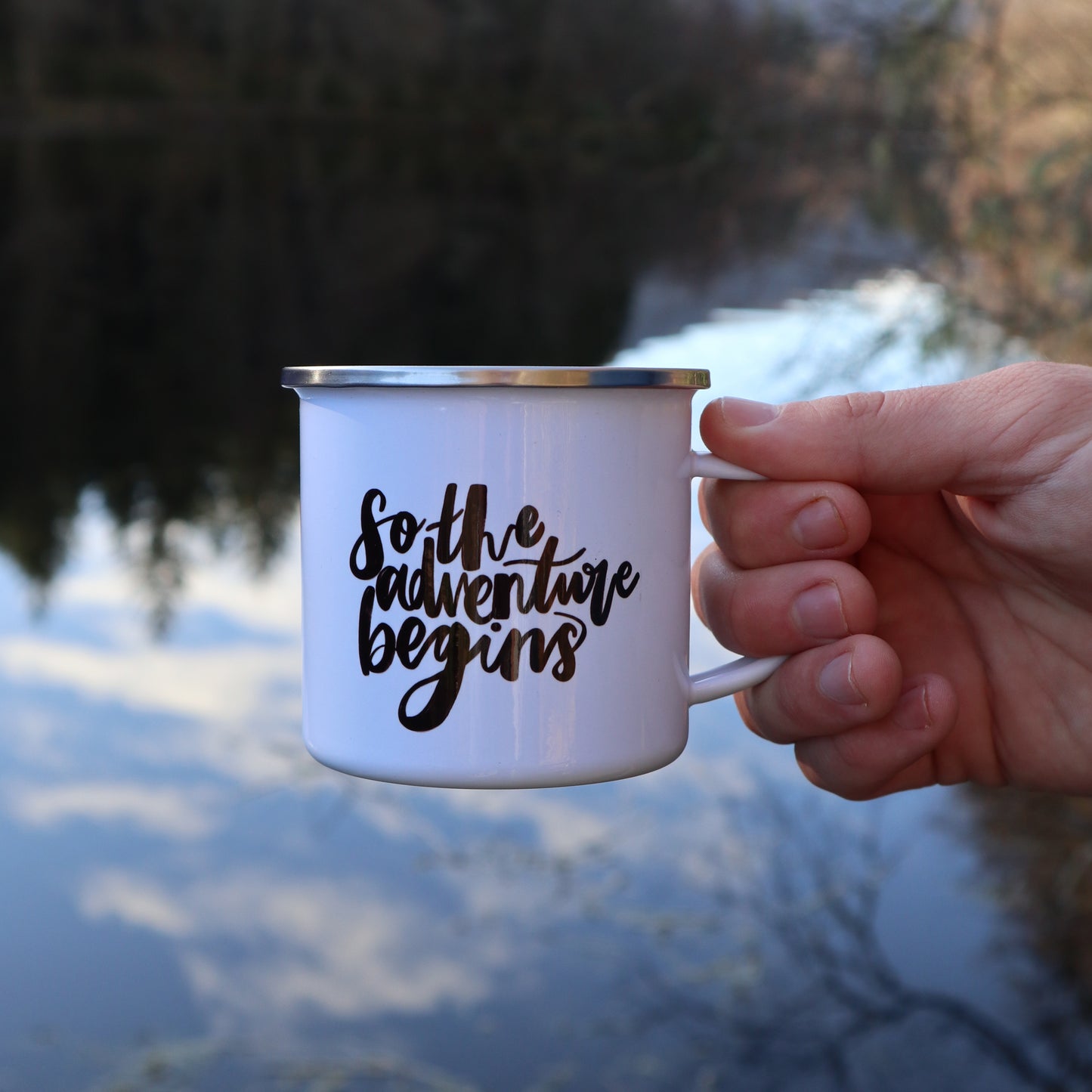 'Adventure Begins' Enamel Mug