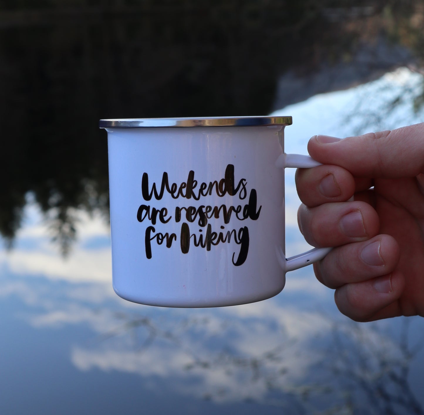 'Weekends Are Reserved For Hiking' Enamel Mug