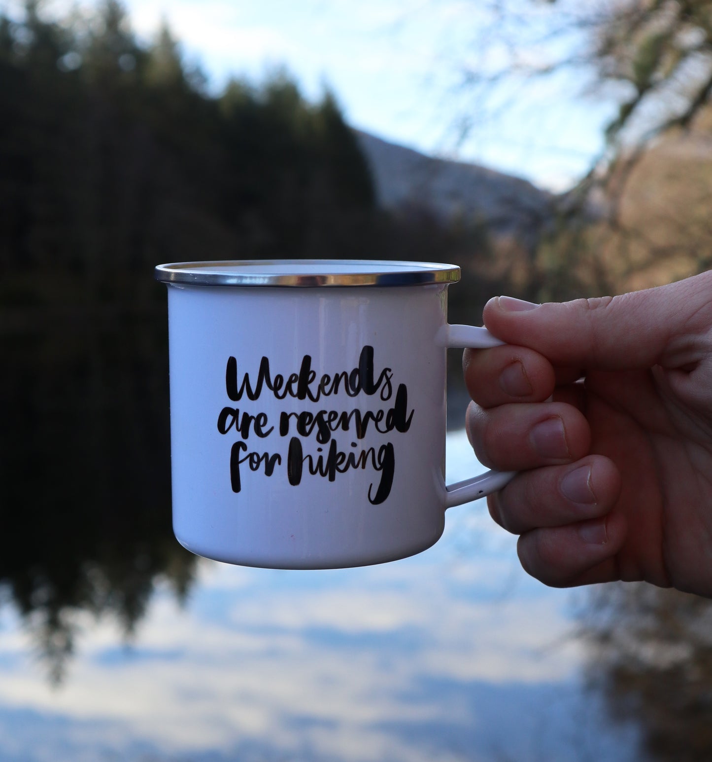 'Weekends Are Reserved For Hiking' Enamel Mug