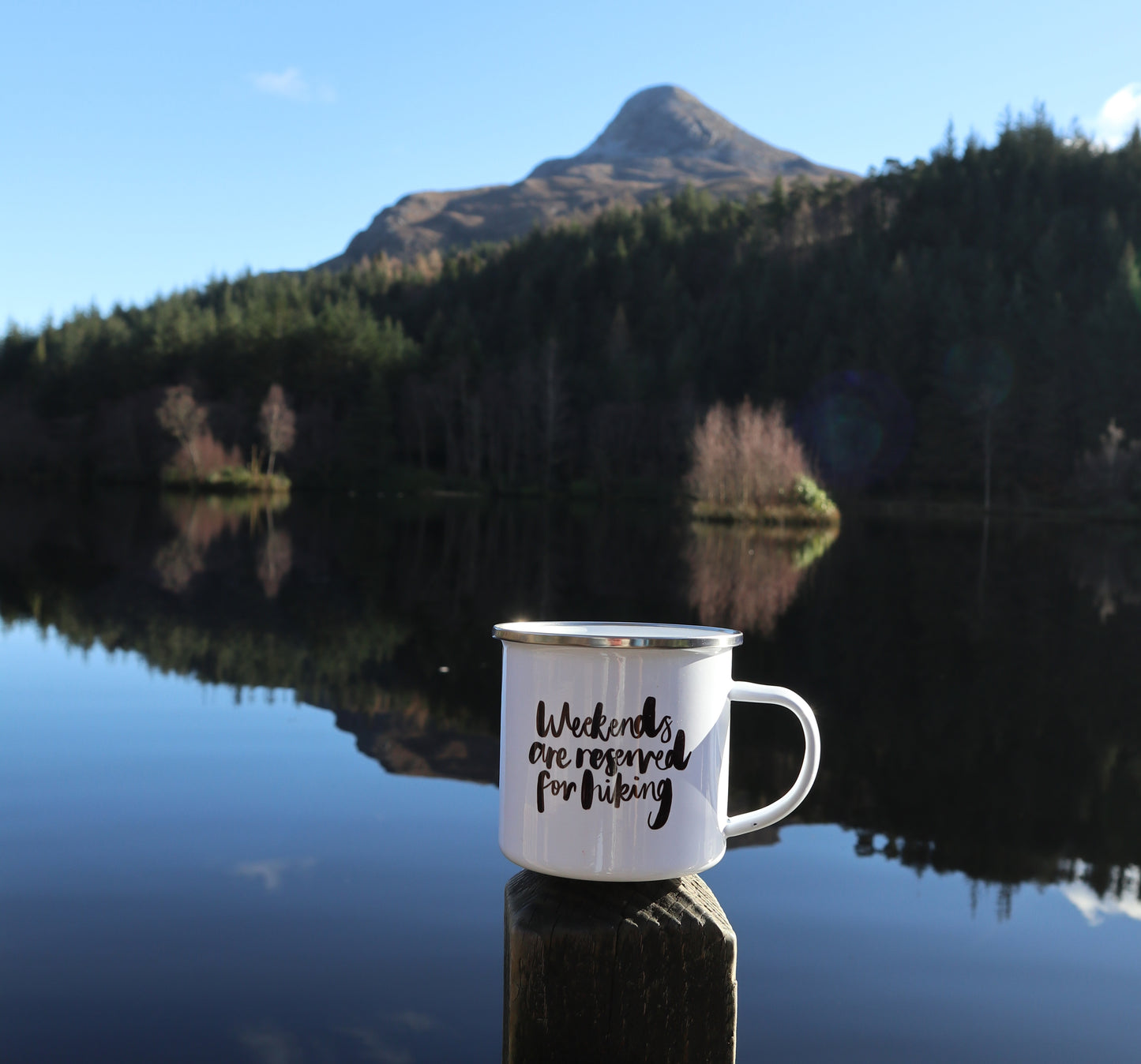 'Weekends Are Reserved For Hiking' Enamel Mug