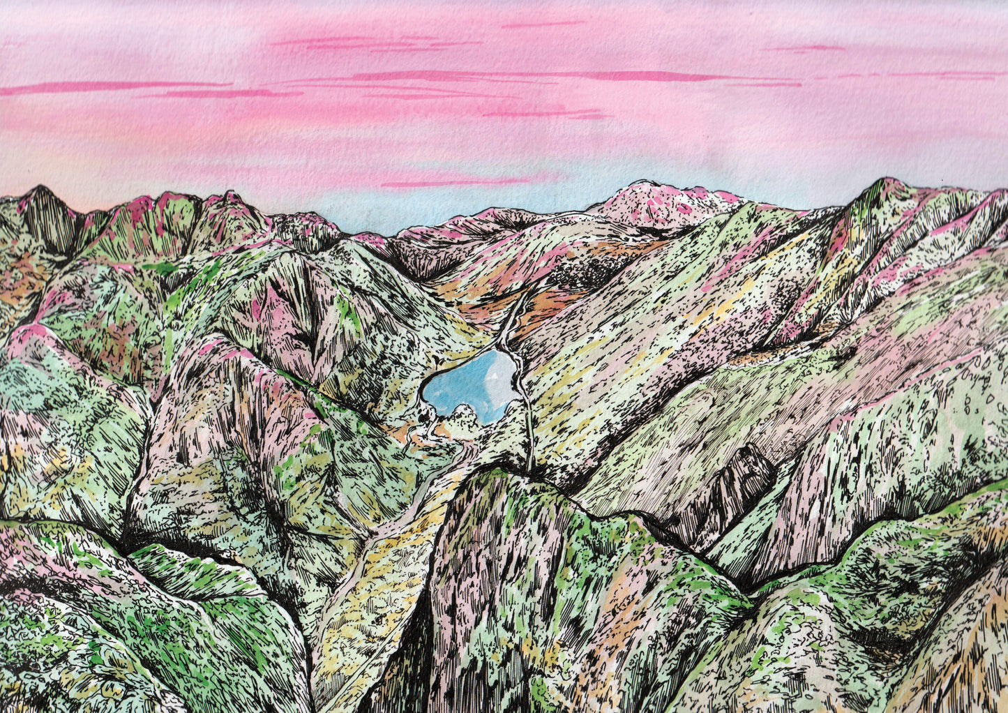 Original Sunrise reflected in the pink granite of the mountains of Glen Coe Watercolour Painting