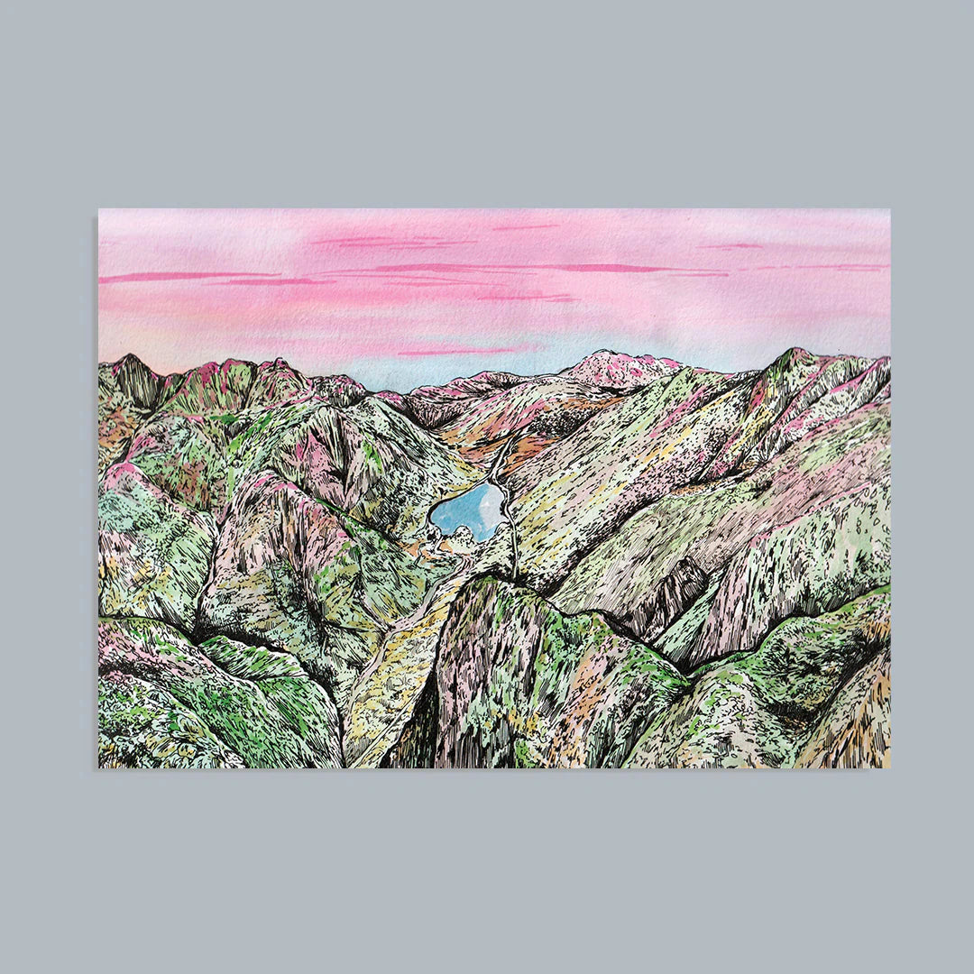 Original Sunrise reflected in the pink granite of the mountains of Glen Coe Watercolour Painting